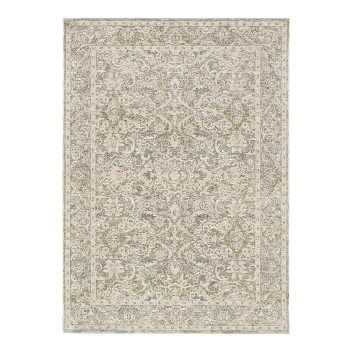 Del Olive Green Beige Vintage Border Rug