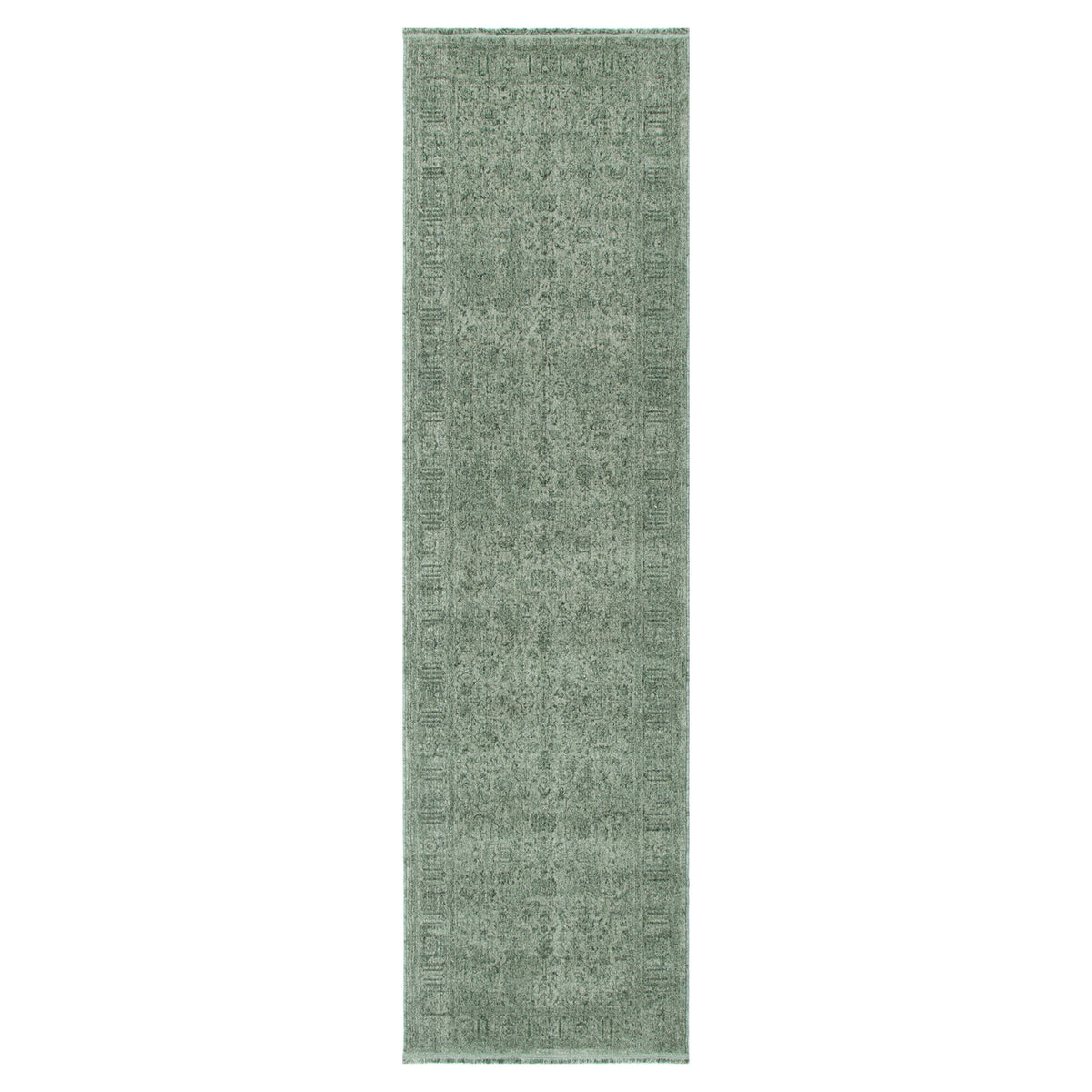 Hera Green Distressed Border Runner Rug (Premium Tassel Edge)