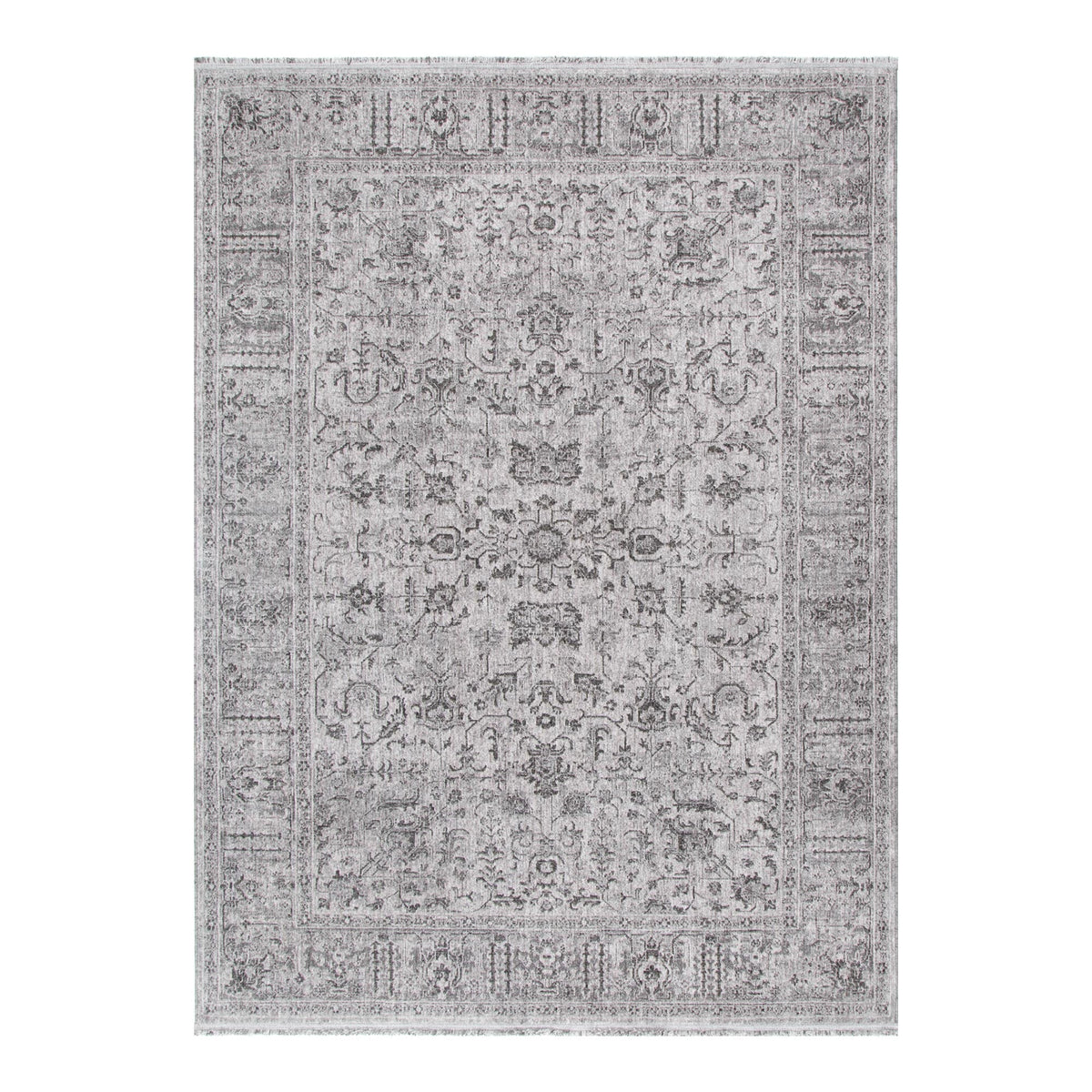 Hera Grey Distressed Border Rug (Premium Tassel Edge)