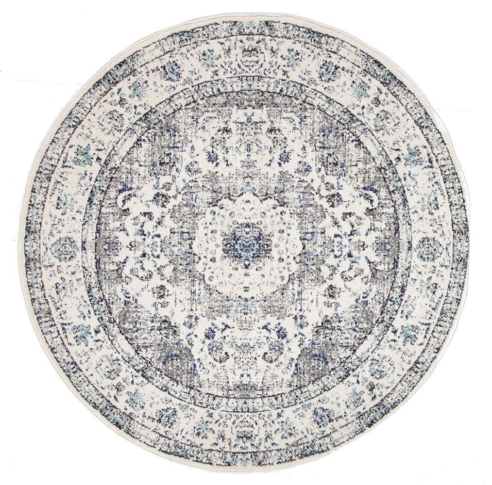 Awaken Ivory Blue Black Oriental Round Rug