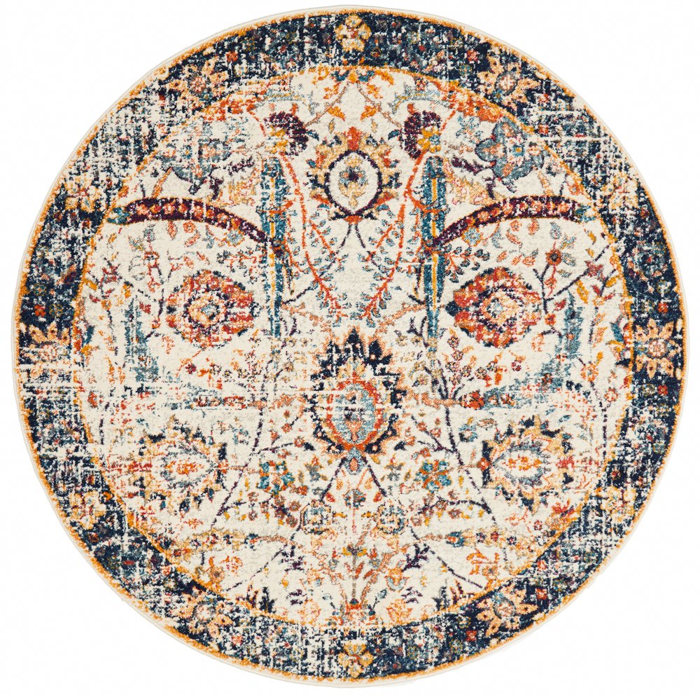 Awaken Ivory Orange Patterned Round Rug