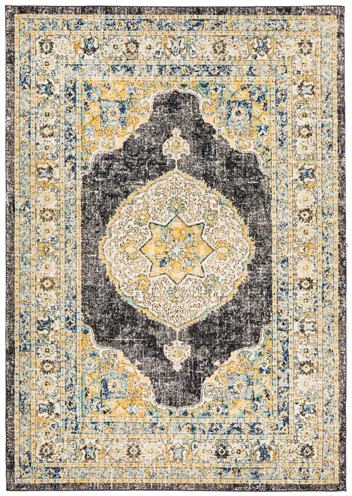 Celine Charcoal Yellow Medallion Distressed Rug