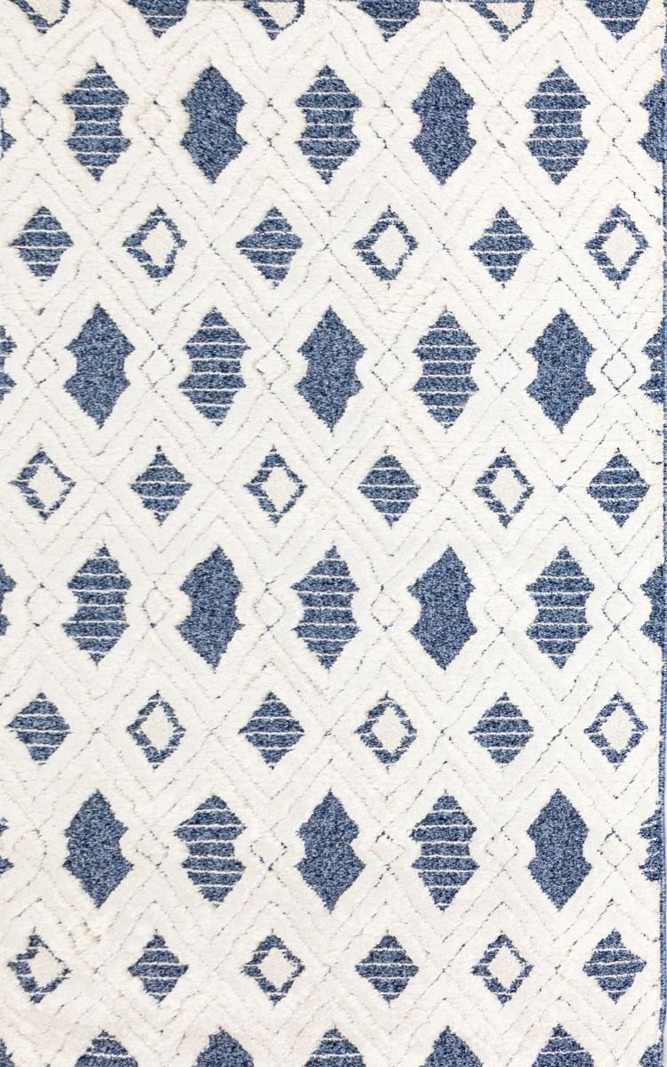 Chloe Ivory Blue Geometric Diamond Textured Rug