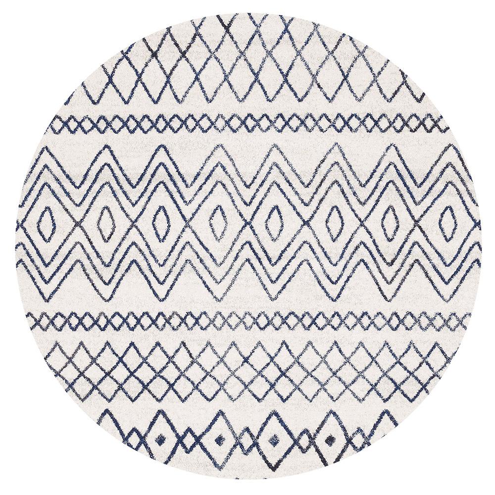 Heaven Ivory Blue Tribal Pattern Round Rug