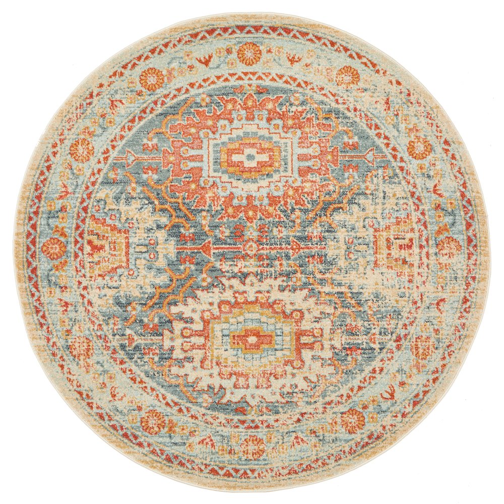 Heirloom Blue Orange Distressed Medallion Round Rug