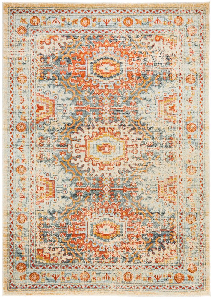 Heirloom Blue Orange Distressed Medallion Rug