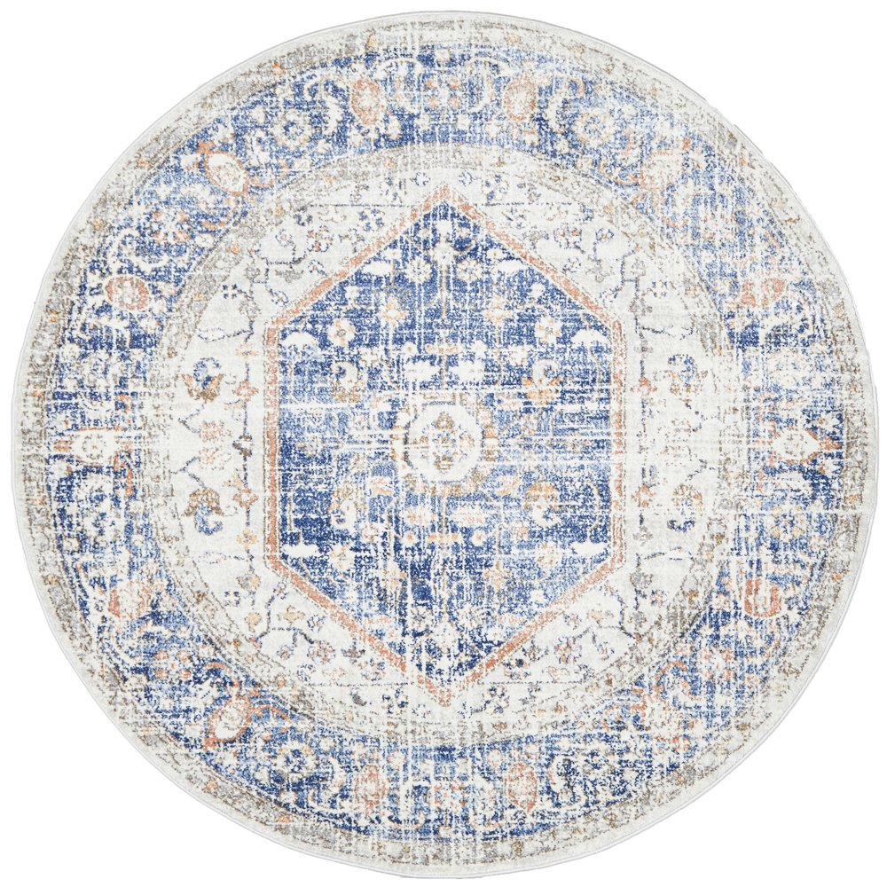 Madison Navy Orange Faded Vintage Medallion Round Rug