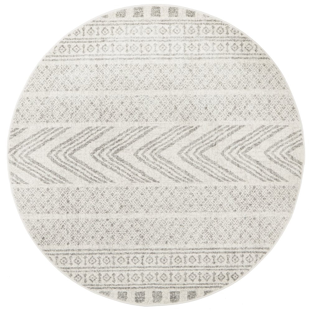 Mystique Grey and White Tribal Imprints Round Rug