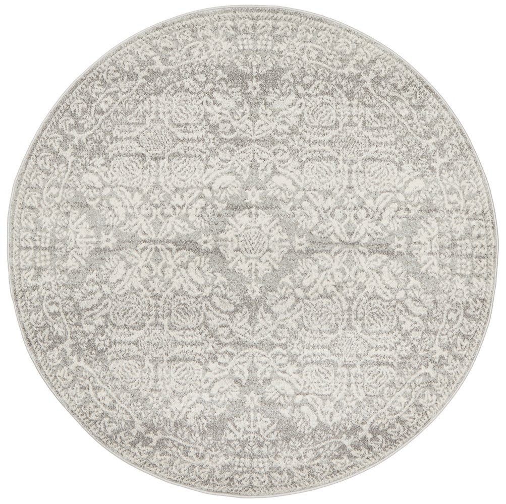 Mystique Silver White Suzani Prints Transitional Round Rug