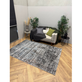 Cresta Blue Grey and Black Distressed Lines Abstract Rug