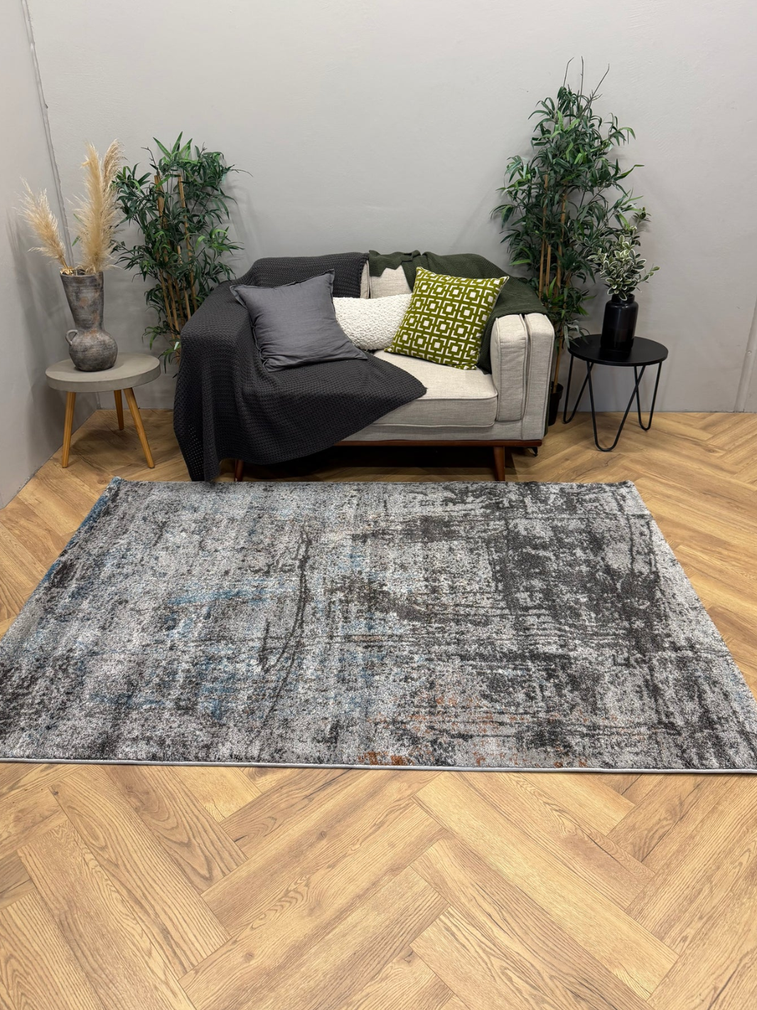 Cresta Blue Grey and Black Distressed Lines Abstract Rug
