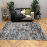 Cresta Blue Grey and Black Distressed Lines Abstract Rug
