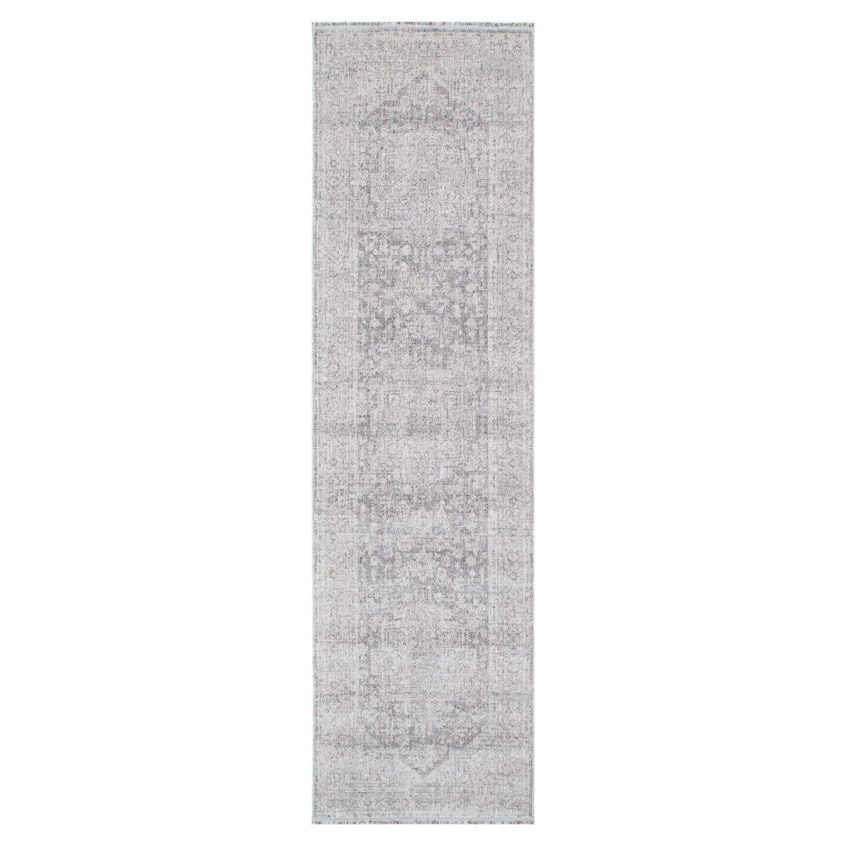 Hera Light Grey Distressed Medallion Runner Rug (Premium Tassel Edge)