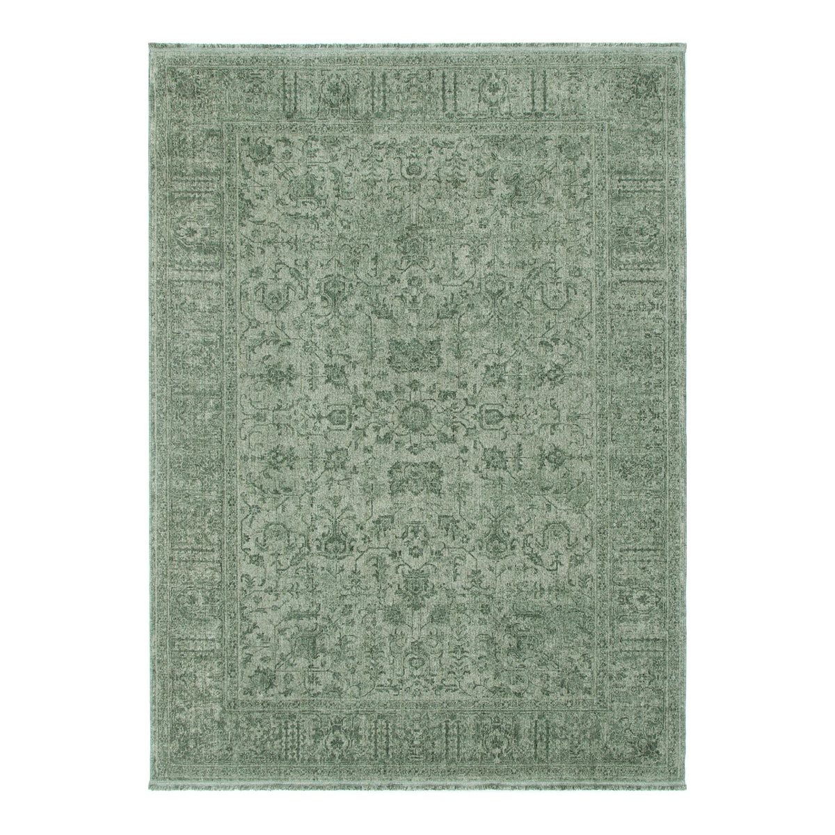 Hera Green Distressed Border Rug (Premium Tassel Edge)