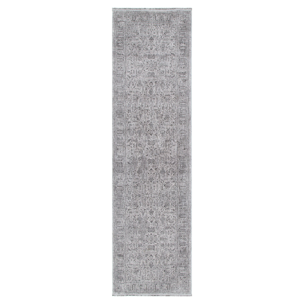Hera Grey Distressed Border Runner Rug (Premium Tassel Edge)