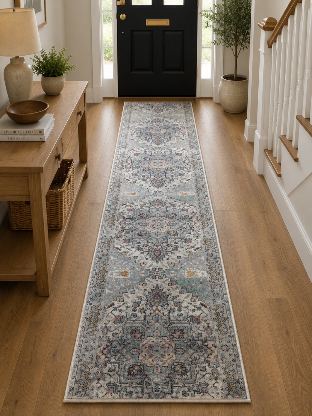 Hive Stone Blue Medallion Transitional Hallway Runner in 100 CM Wide