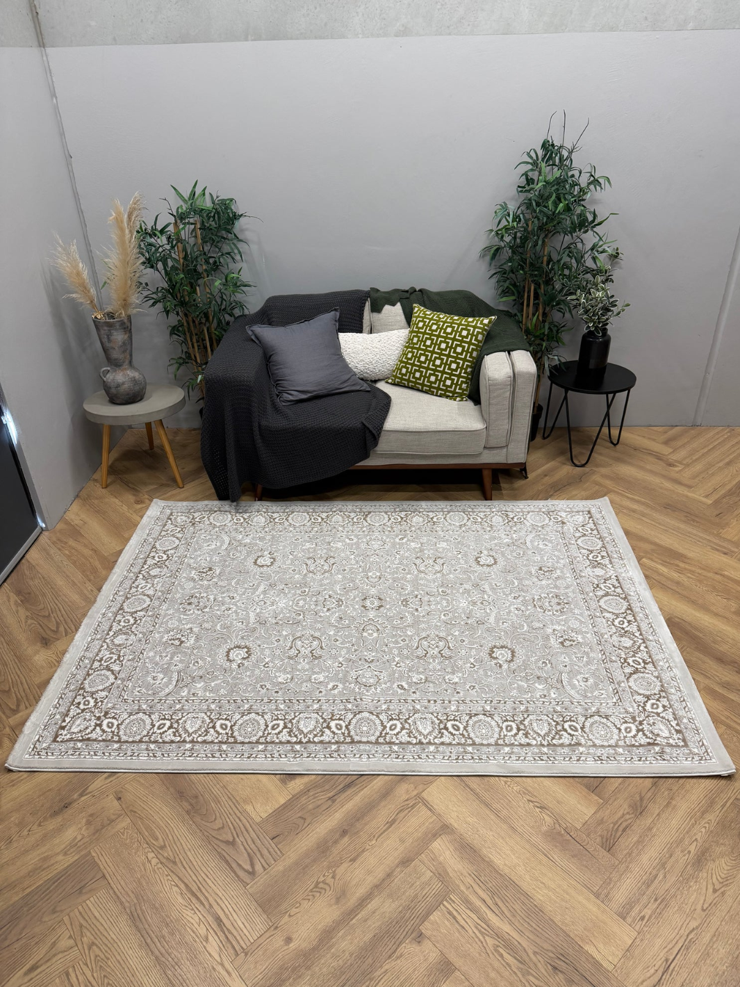 Medina Cream Beige Floral Transitional Bordered Rug