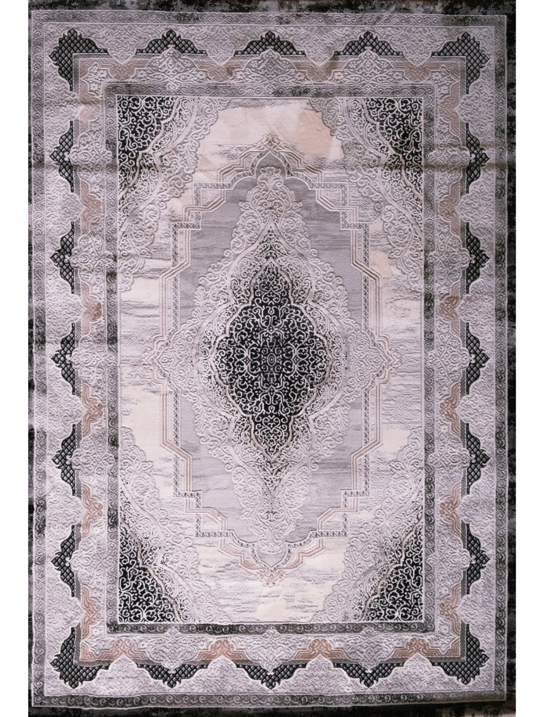 Medina Grey Black Medallion Transitional Bordered Rug