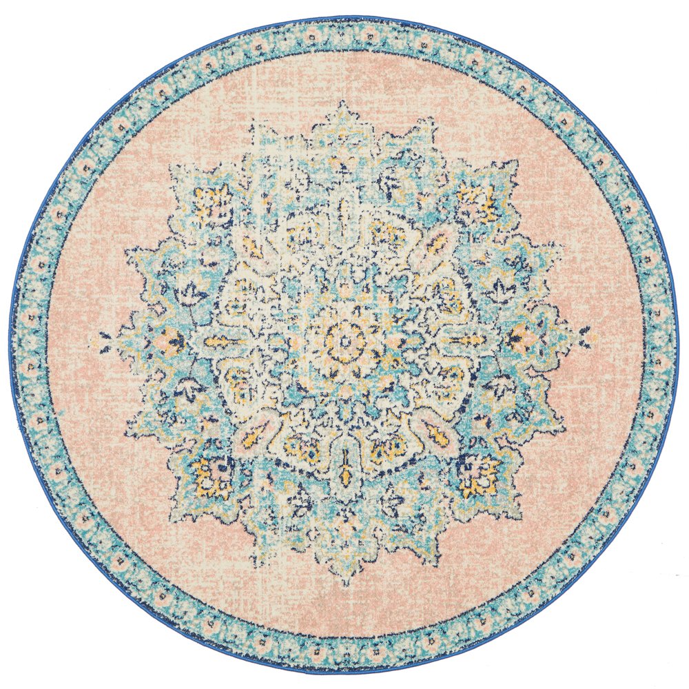 Avalee Blue Pink Medallion Vintage Washed Round Rug