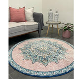 Avalee Blue Pink Medallion Vintage Washed Round Rug