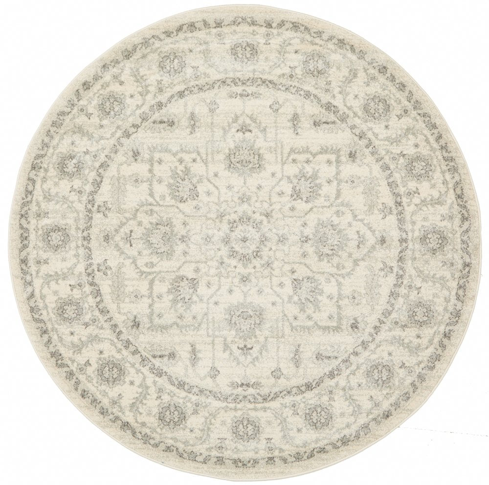 Awaken Ivory Grey Flower Medallion Transitional Round Rug