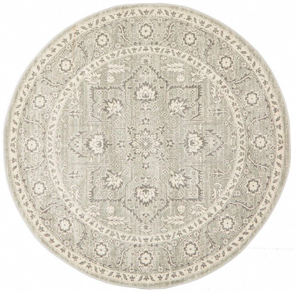 Awaken Silver Flower Medallion Transitional Round Rug