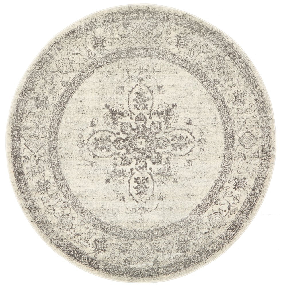 Celine Silver Faded Medallion Distressed Round Rug