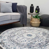 Awaken Ivory Blue Black Oriental Round Rug