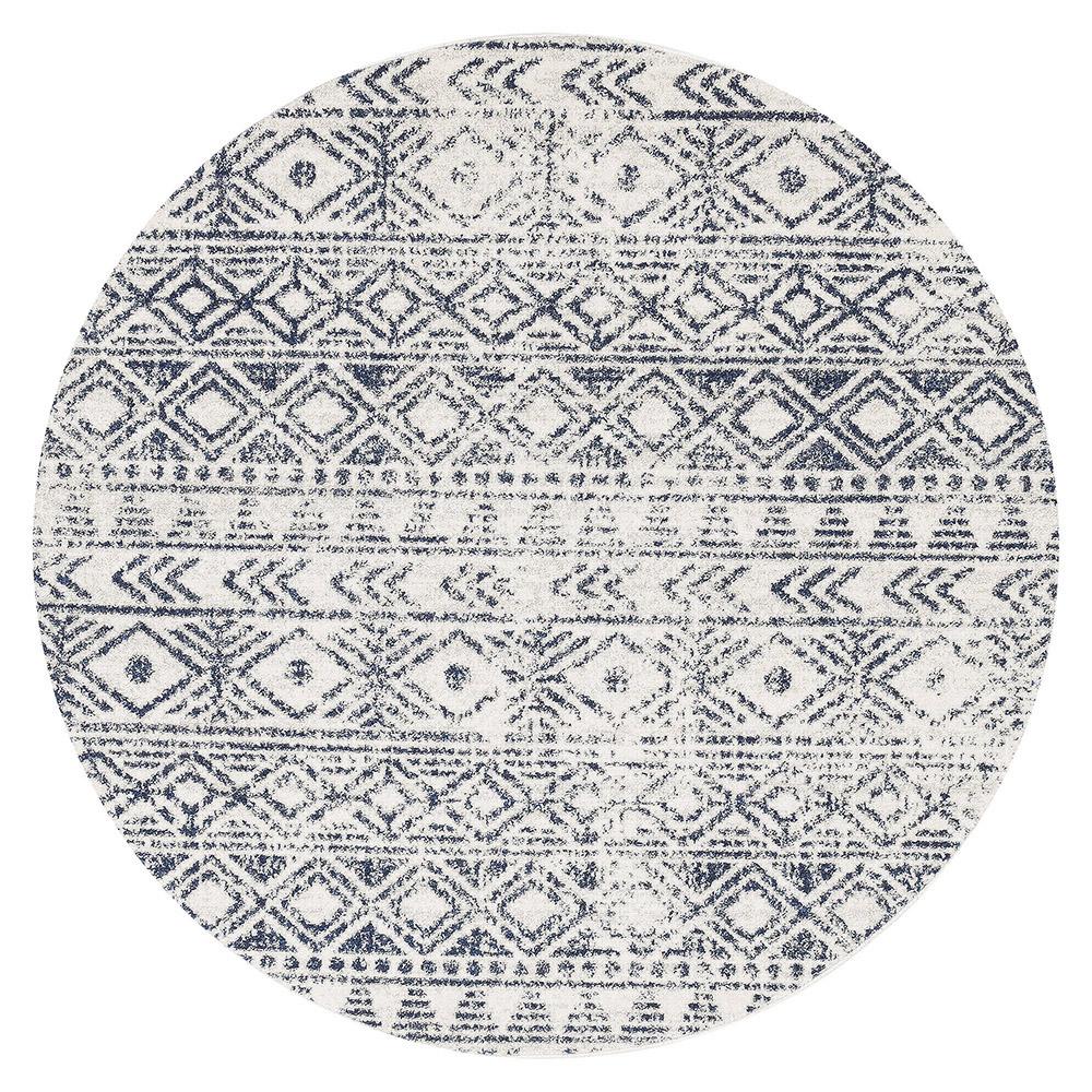 Heaven Blue Ivory Tribal Diamond Round Rug