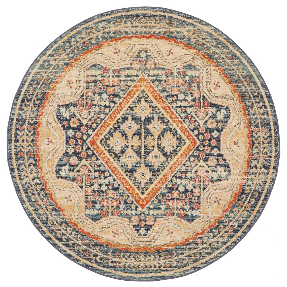Heirloom Navy Blue Geometric Medallion Round Rug