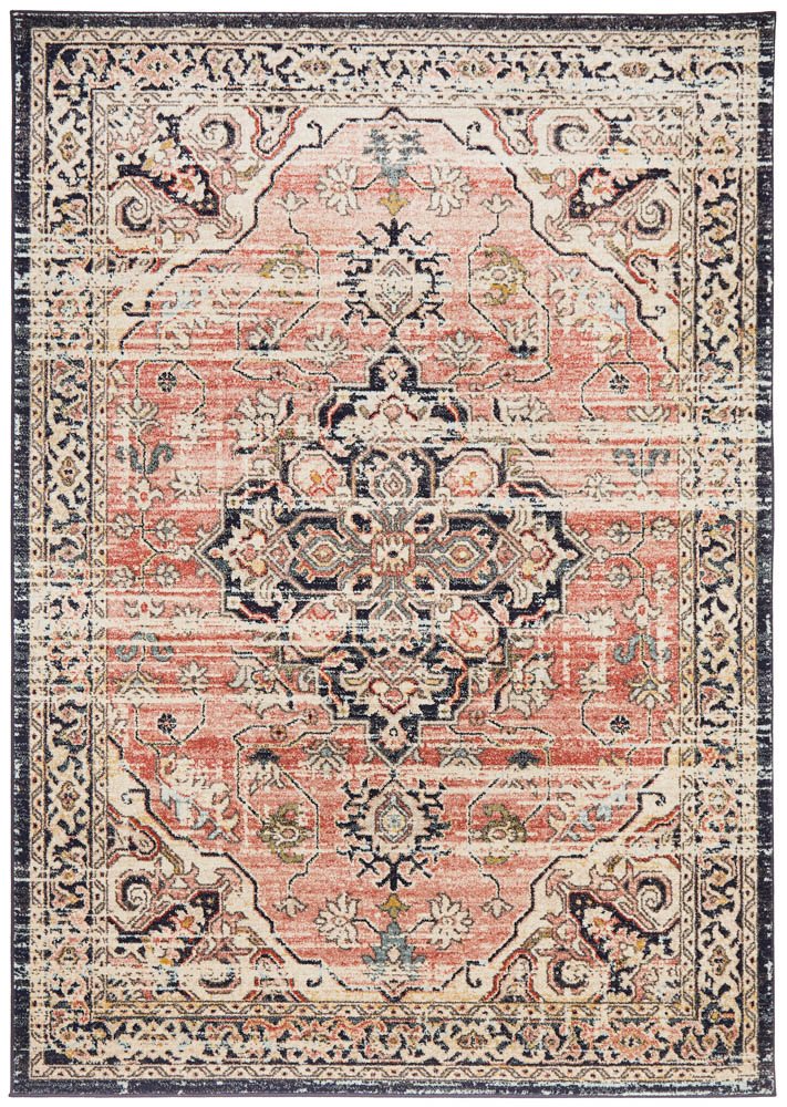 Heirloom Navy Blue Pink Transitional Medallion Rug