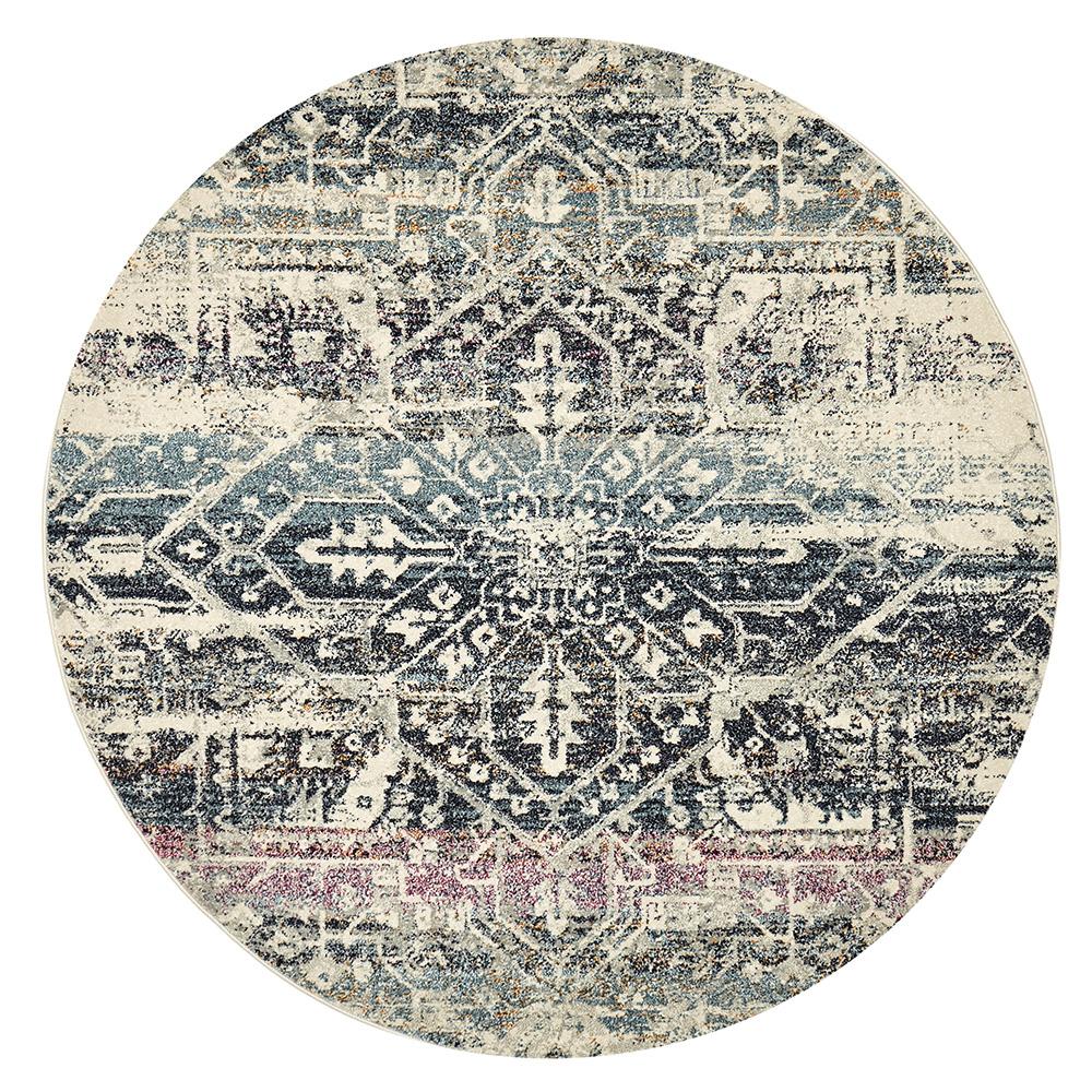 Maya Blue Geometric Medallion Transitional Round Rug