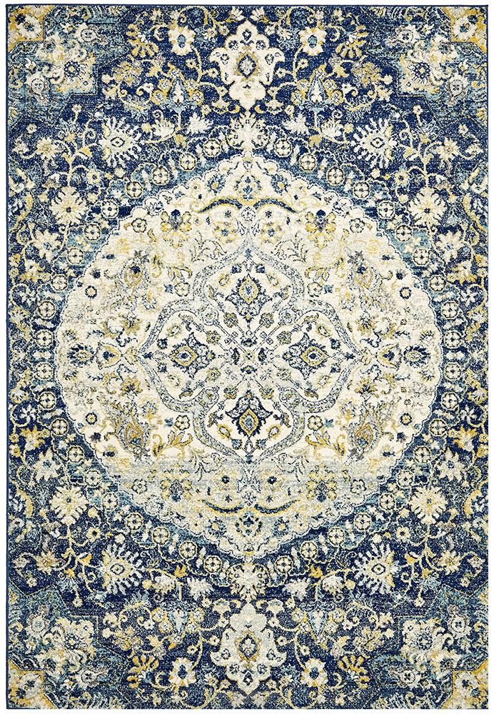 Maya Blue Ivory Flower Medallion Transitional Rug