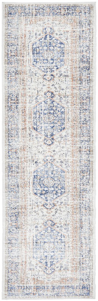 Madison Navy Orange Faded Vintage Medallion Hallway Runner Rug