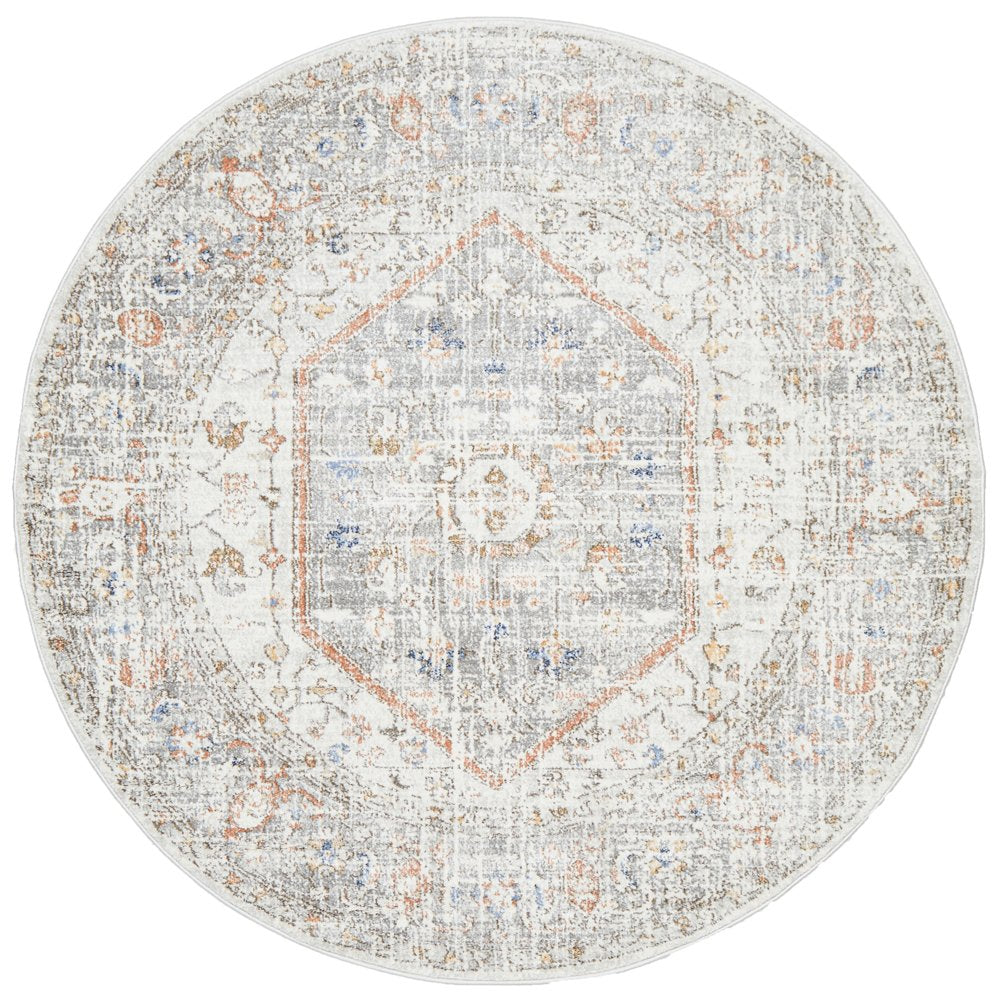 Madison Silver Faded Vintage Medallion Round Rug