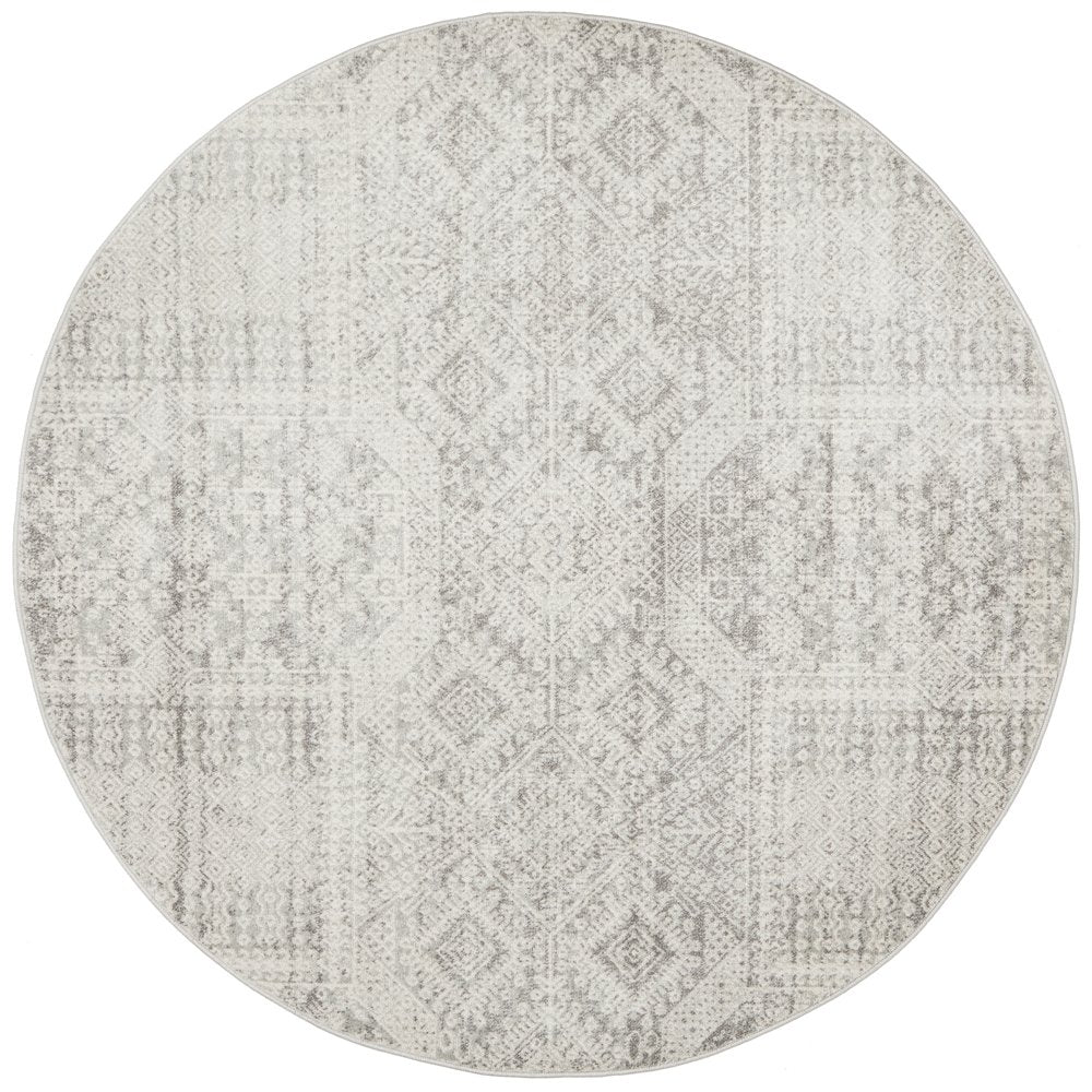 Mystique Silver White Vintage Patterned Round Rug