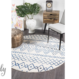 Heaven Ivory Blue Tribal Pattern Round Rug