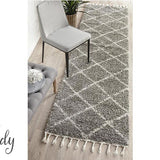 Saffia Natural Grey Diamonds Plush Boho Hallway Runner Rug